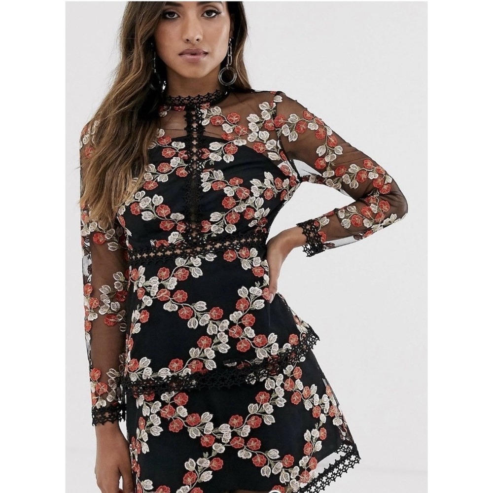 NEW! ASOS Design Embroidered Floral Mini Dress With Black Mesh Overlay Sz 8 Dark